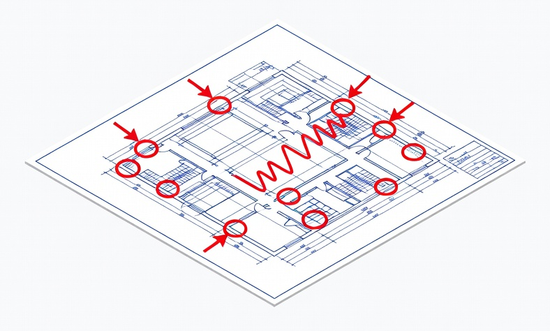 An engineering blueprint marked up with red review annotations